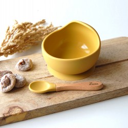 Set repas bébé : Bol et cuillère en bois personnalisable en bois de hêtre et silicone alimentaire.