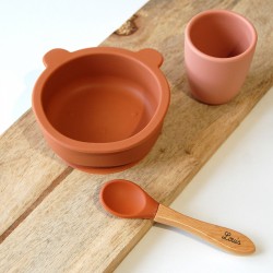 Set repas bébé : Bol Ours et cuillère en bois personnalisable en bois de hêtre et silicone alimentaire.